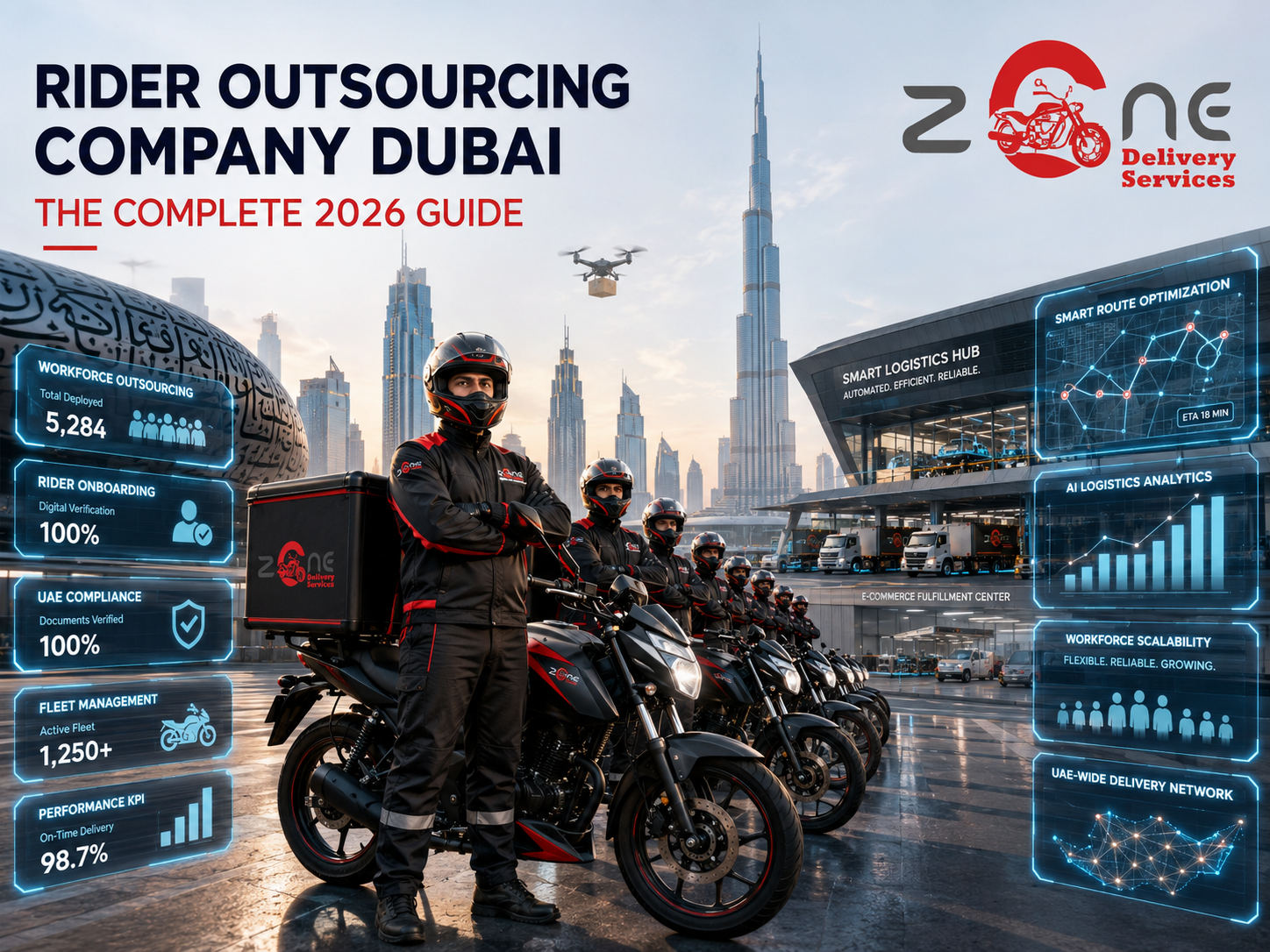 Create a premium corporate social media poster for a leading UAE delivery rider outsourcing and manpower supply company. The scene should depict a sophisticated Dubai logistics ecosystem in 2026, showcasing a large fleet of professional delivery riders standing beside modern delivery motorcycles in a premium business district. The background should feature a futuristic Dubai skyline with smart logistics hubs, automated fulfillment centers, e-commerce warehouses, transportation infrastructure, and active last-mile delivery operations. The visual must immediately communicate industry expertise, operational scale, workforce readiness, compliance management, and business growth. Feature highly professional riders wearing premium delivery uniforms, certified safety helmets, reflective gear, gloves, and delivery backpacks. Riders should appear trained, disciplined, reliable, and ready for immediate deployment. Include advanced business and logistics visual elements: Workforce outsourcing dashboard Digital rider onboarding process UAE compliance verification interface Fleet management holograms Smart route optimization system AI-powered logistics analytics Performance KPI dashboards Workforce scalability graphics Delivery tracking technology Business expansion indicators Smart warehouse operations UAE-wide delivery network visualization Create a premium editorial-style composition with strong depth, realistic lighting, luxury corporate aesthetics, and enterprise-level branding. Leave ample clean space for the headline while maintaining a powerful visual balance. TEXT ON DESIGN (ONLY) RIDER OUTSOURCING COMPANY DUBAI THE COMPLETE 2026 GUIDE LOGO INSTRUCTIONS Use the uploaded ZONE Delivery Services logo. Place the logo prominently in the top-right corner. Maintain original logo colors, proportions, transparency, and visual quality. Do not modify, redraw, crop, distort, recolor, or stylize the logo. The logo should appear as the official brand identity of the creative. DESIGN STYLE Premium B2B advertising, UAE logistics industry, enterprise manpower outsourcing, corporate workforce solutions, Forbes-style business magazine cover, executive-level marketing campaign, realistic commercial photography, luxury business branding. VISUAL MOOD Professional Trustworthy Scalable Technology-driven Future-ready Corporate Industry-leading High-growth logistics sector NEGATIVE PROMPT No contact footer, no phone numbers, no website URLs, no email addresses, no QR codes, no watermark, no excessive text, no cartoon style, no low-quality graphics, no blurry riders, no distorted motorcycles, no unrealistic uniforms, no cluttered layout, no stock-photo appearance. Ultra-realistic 8K, HDR lighting, cinematic corporate photography, award-winning commercial advertising, premium LinkedIn campaign quality, global logistics industry marketing creative, executive magazine-cover design.